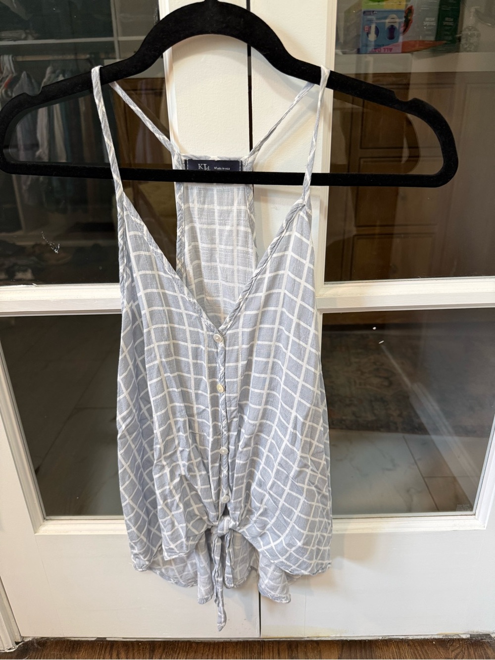KLD Gray & White Windowpane Tie-Front Tank
